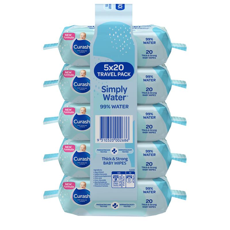 Load image into Gallery viewer, Curash Baby Travel Water Wipes 5 x 20 Pack
