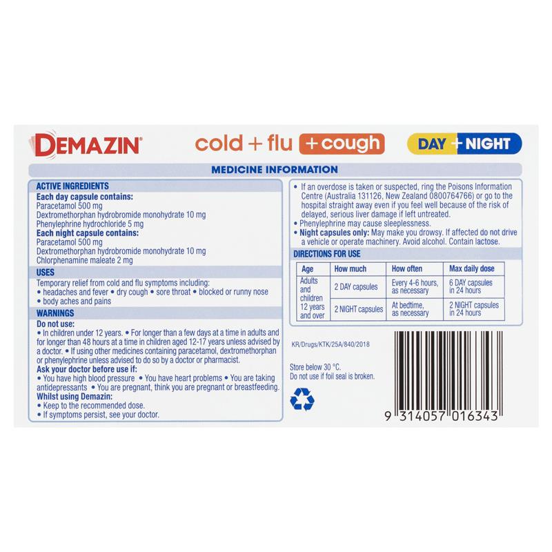 Load image into Gallery viewer, Demazin Cold + Flu + Cough Day + Night 48 Capsules
