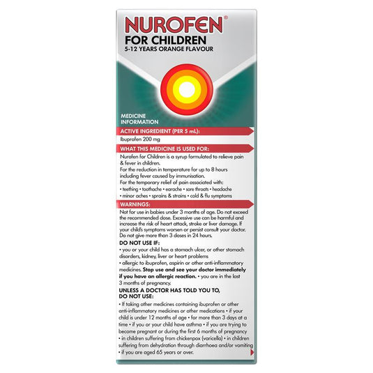 Nurofen For Children 5-12yrs Pain and Fever Relief Concentrated Liquid 200mg/5mL Ibuprofen Orange 200mL