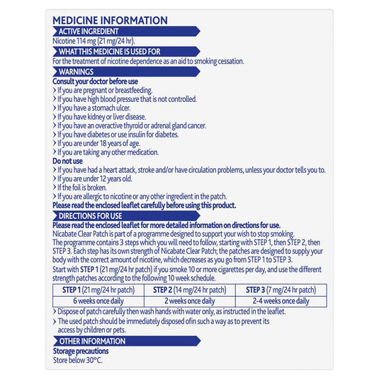 Nicabate Clear Patch Quit Smoking Step 1 21mg 7 Patches