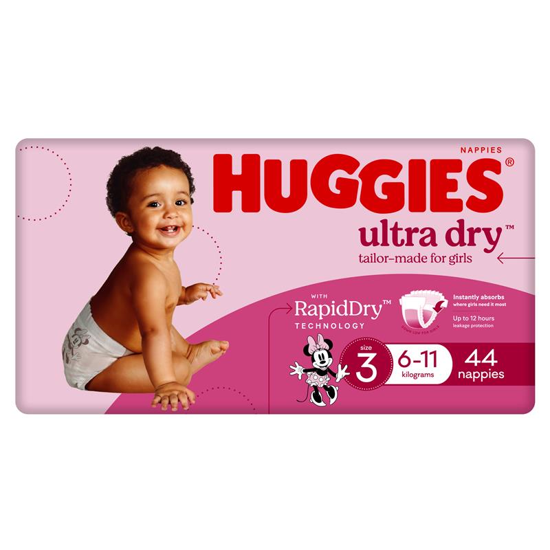 Load image into Gallery viewer, Huggies Ultra Dry Nappies Size 3 Girl 6-11kg Bulk 44 Pack
