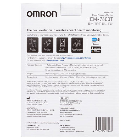 Omron Smart Elite HEM7600T Blood Pressure Monitor Bluetooth Tubeless