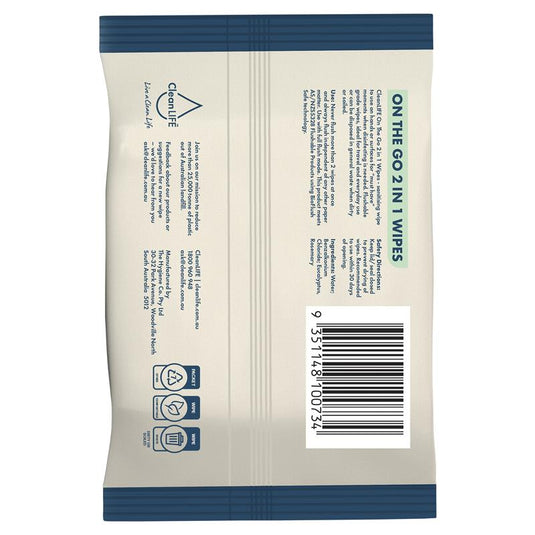 CleanLIFE On The Go 2 In 1 Wipes 15 Pack