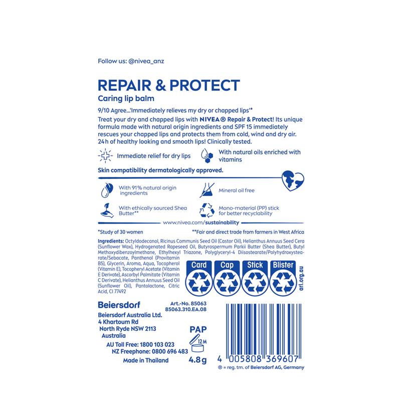 Load image into Gallery viewer, NIVEA Repair &amp; Protection Moisturising Lip Balm SPF15 4.8g
