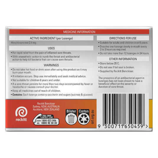 Strepsils Extra Sore Throat Lozenges Anaesthetic Honey & Lemon 36 Pack