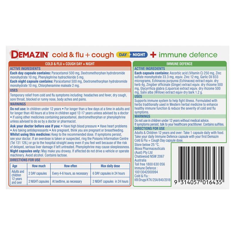Load image into Gallery viewer, Demazin Ultra Cough Cold &amp; Flu + Immune Defence 34 Capsules
