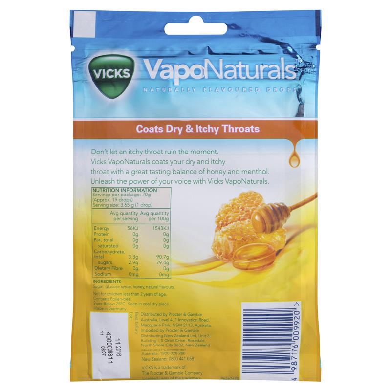 Load image into Gallery viewer, Vicks VapoNaturals Honey Throat Lozenges 19 Drops in Resealable Bag
