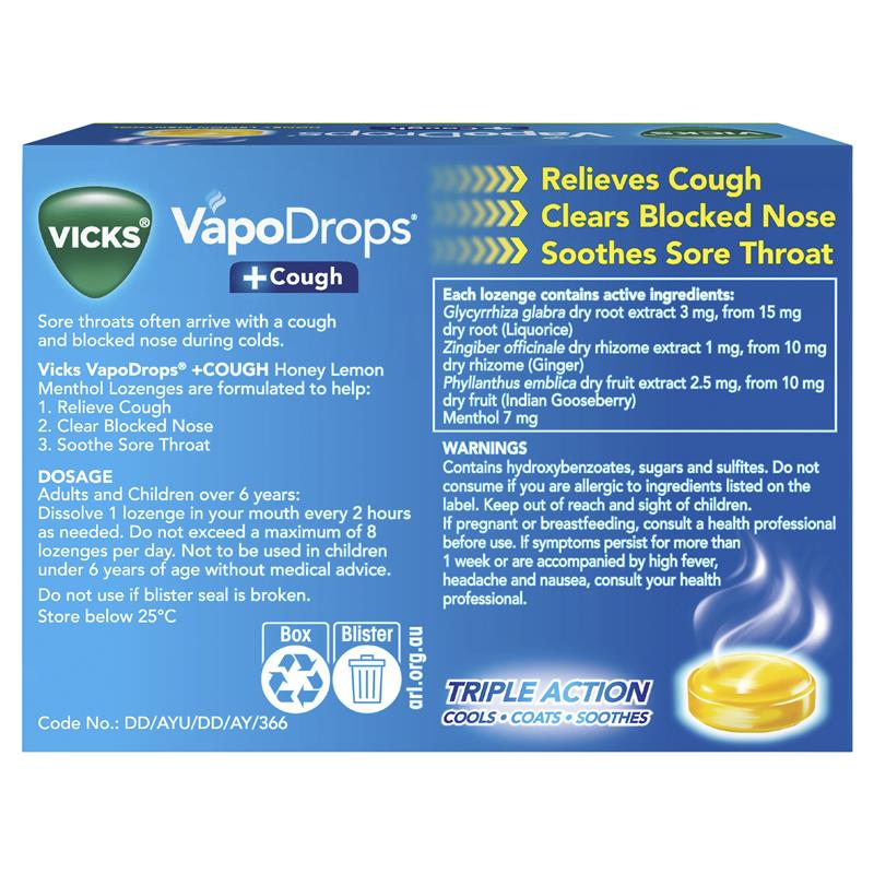 Load image into Gallery viewer, Vicks VapoDrops + Cough Honey Lemon Menthol 36 Lozenges
