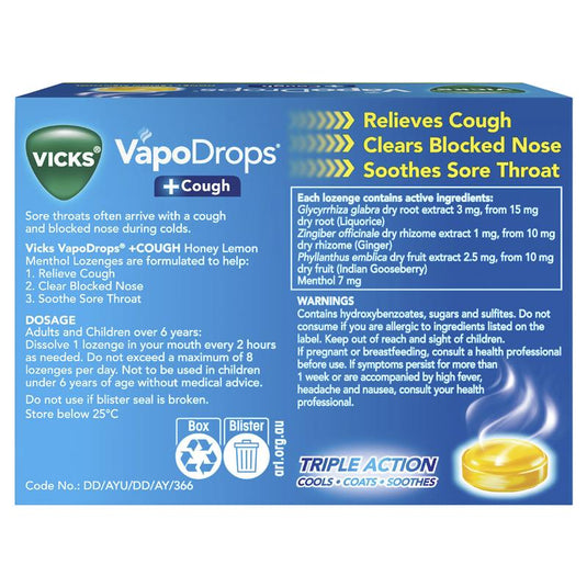 Vicks VapoDrops + Cough Honey Lemon Menthol 36 Lozenges