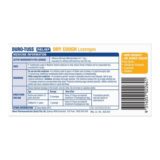 Durotuss Relief Dry Cough Blackberry & Vanilla 24 Lozenges