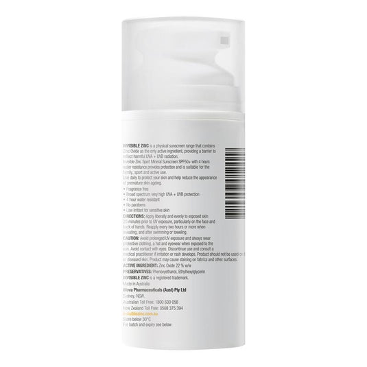 Invisible Zinc SPF 50+ Sport Mineral Sunscreen 4 Hour Water Resistant 100ml