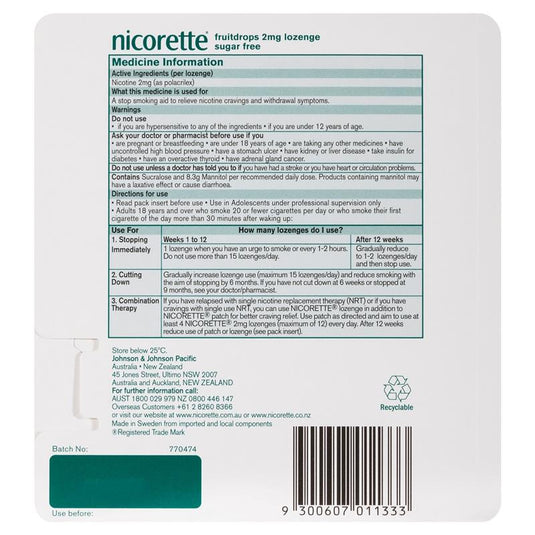 Nicorette Quit Smoking Cooldrops Fresh Fruit Lozenges 2mg 80 Pieces
