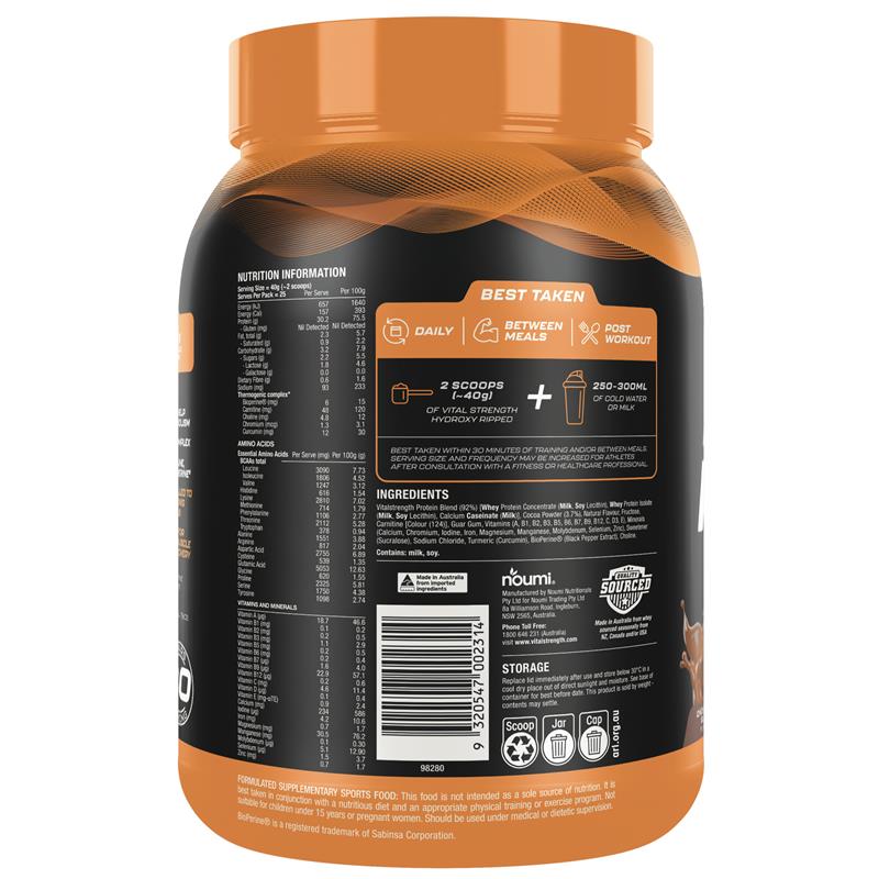 Load image into Gallery viewer, Vital Strength Hydroxy Ripped Thermogenic Protein Powder Chocolate 1kg
