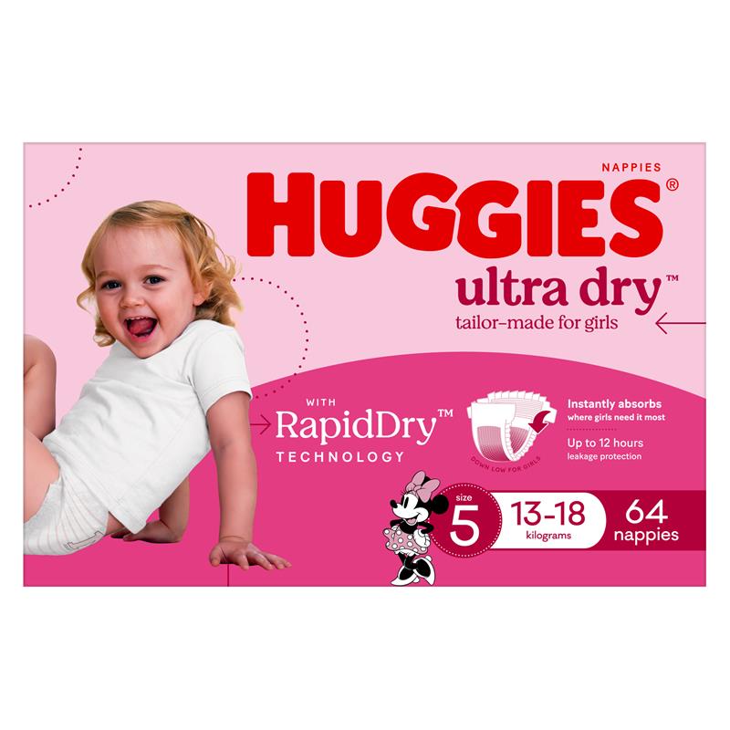 Load image into Gallery viewer, Huggies Ultra Dry Nappies Girl Size 5 Jumbo 64 Pack
