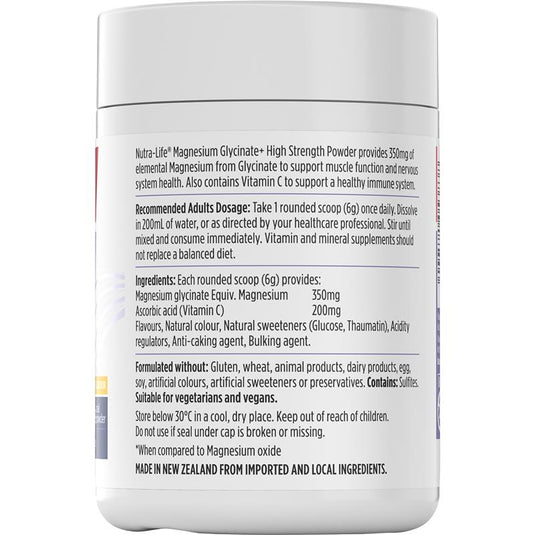 Nutra-Life Magnesium Glycinate + High Strength 180g Powder Citrus