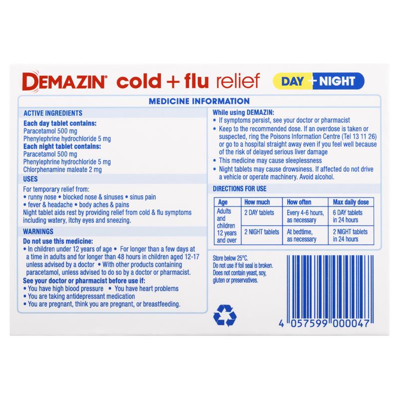 Load image into Gallery viewer, Demazin Cold &amp; Flu Relief Day + Night 24 Tablets
