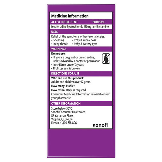 Telfast Hayfever Allergy Tablets 120mg 30 Pack