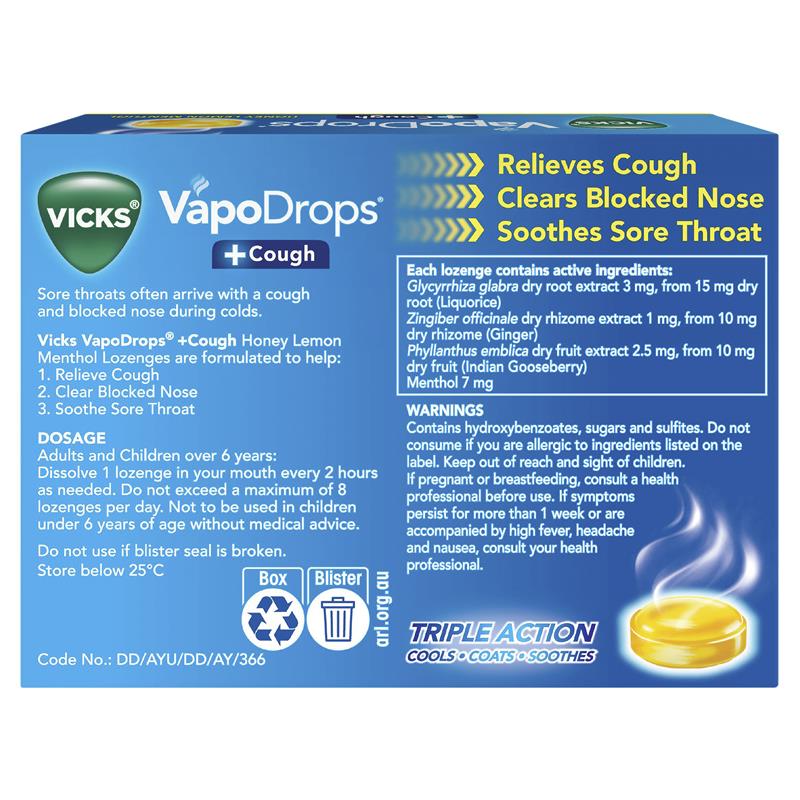 Load image into Gallery viewer, Vicks VapoDrops + Cough Honey Lemon Menthol 16 Lozenges

