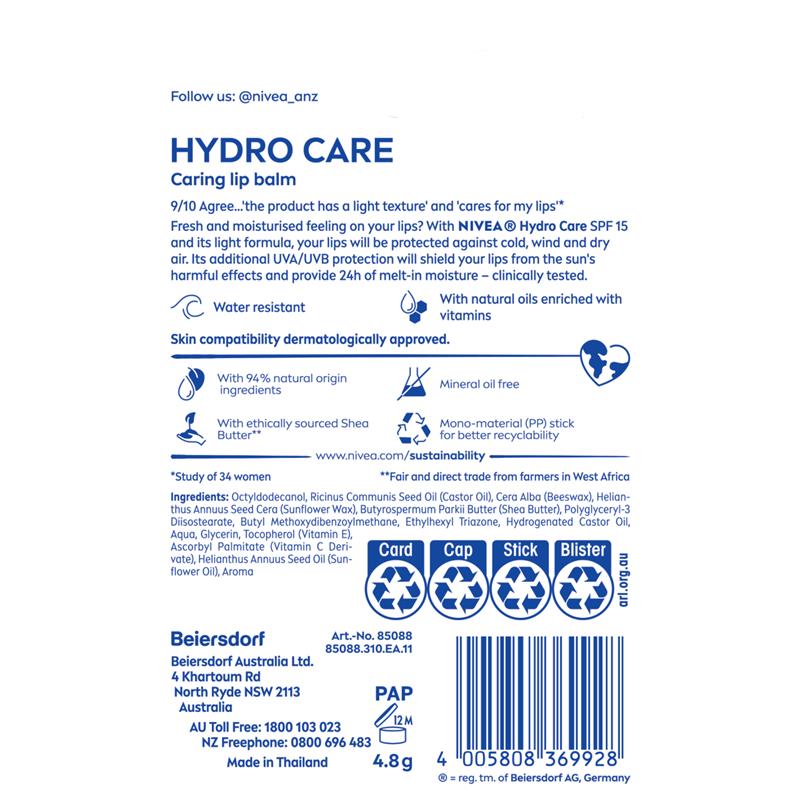 Load image into Gallery viewer, NIVEA Hydro Care Moisturising Lip Balm SPF15 4.8g
