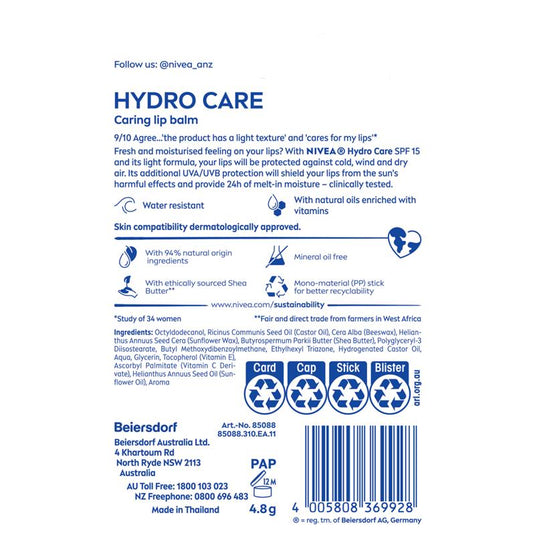 NIVEA Hydro Care Moisturising Lip Balm SPF15 4.8g