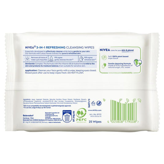 NIVEA 3in1 Refreshing Cleansing Normal & Combination Skin Wipes 25 Pack