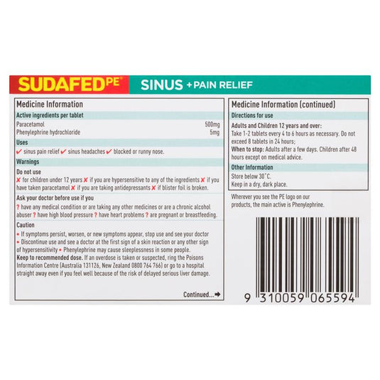 Sudafed PE Sinus + Pain Relief Tablets 24 Pack