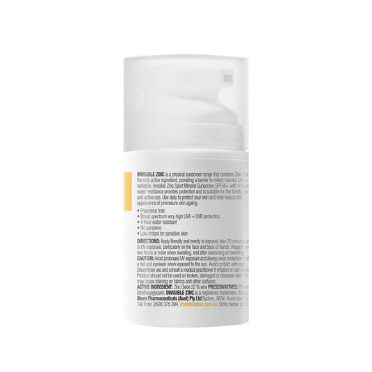 Invisible Zinc SPF 50+ Sport Mineral Sunscreen 4 Hour Water Resistant 50ml