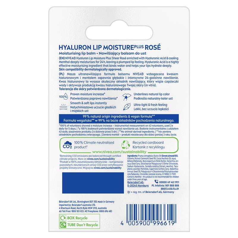 Load image into Gallery viewer, NIVEA Hyaluron Lip Moisture Balm Sheer Rose 5.2g
