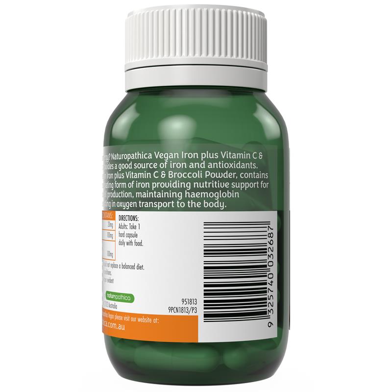 Load image into Gallery viewer, Naturopathica Vegan Iron Plus Vitamin C &amp; Broccoli Powder 30 Capsules
