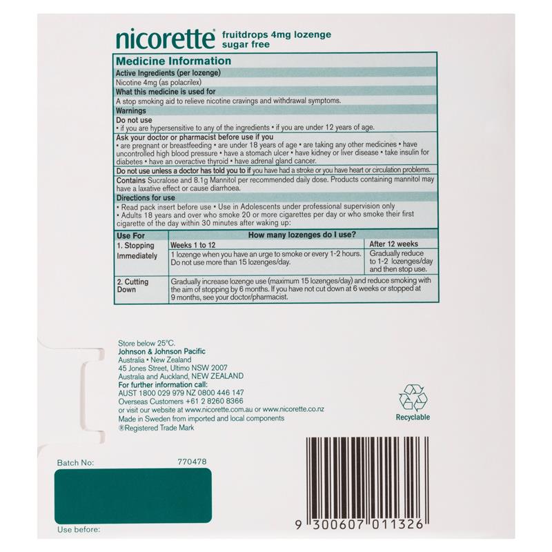 Load image into Gallery viewer, Nicorette Quit Smoking Extra Strength Nicotine Lozenge Fruitdrops 4 x 20 Pack
