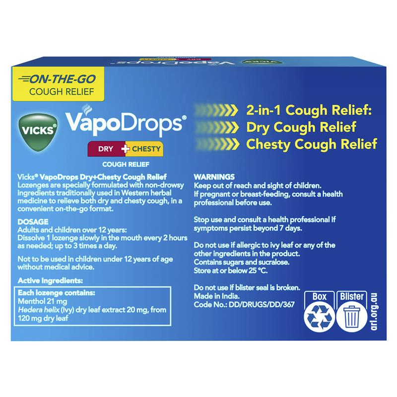 Load image into Gallery viewer, Vicks VapoDrops Dry + Chesty Cough Relief 24 Lozenges

