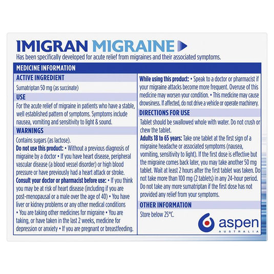 Imigran Migraine 50mg 2 Tablets - Sumatriptan (S3)