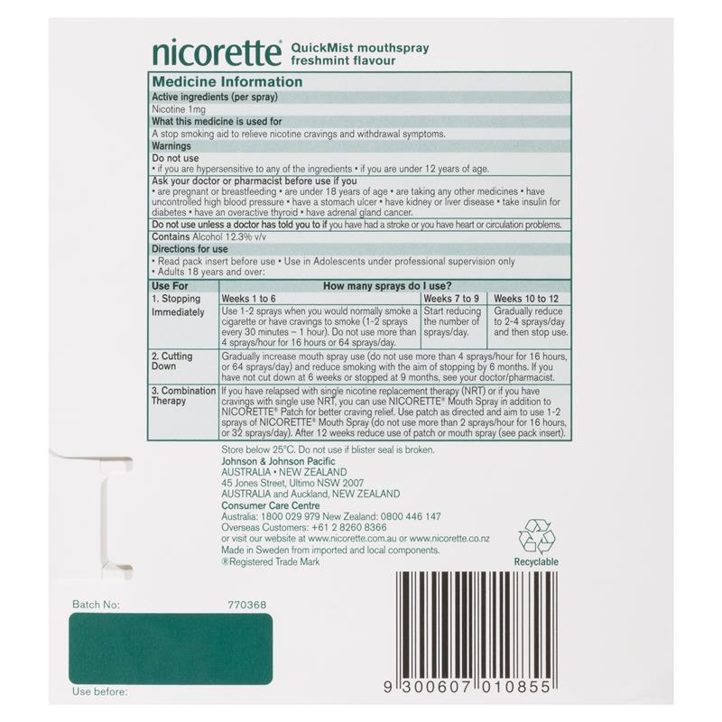 Load image into Gallery viewer, Nicorette Quit Smoking QuickMist Nicotine Mouth Spray Freshmint 2 x 150 Pack

