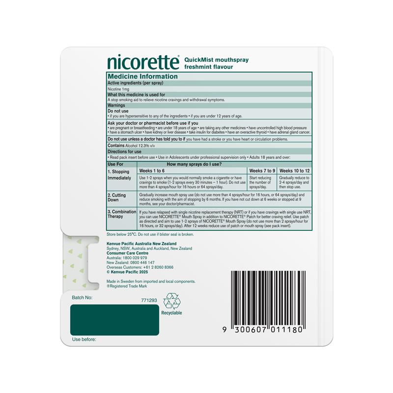 Load image into Gallery viewer, Nicorette Quit Smoking QuickMist Nicotine Mouth Spray Freshmint 3 x 150 Pack
