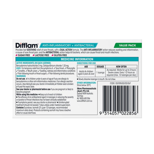Difflam Dual Action Strawberry 32 Lozenges