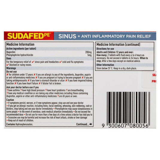 Sudafed PE Sinus + Anti Inflammatory Pain Relief 24 Tablets