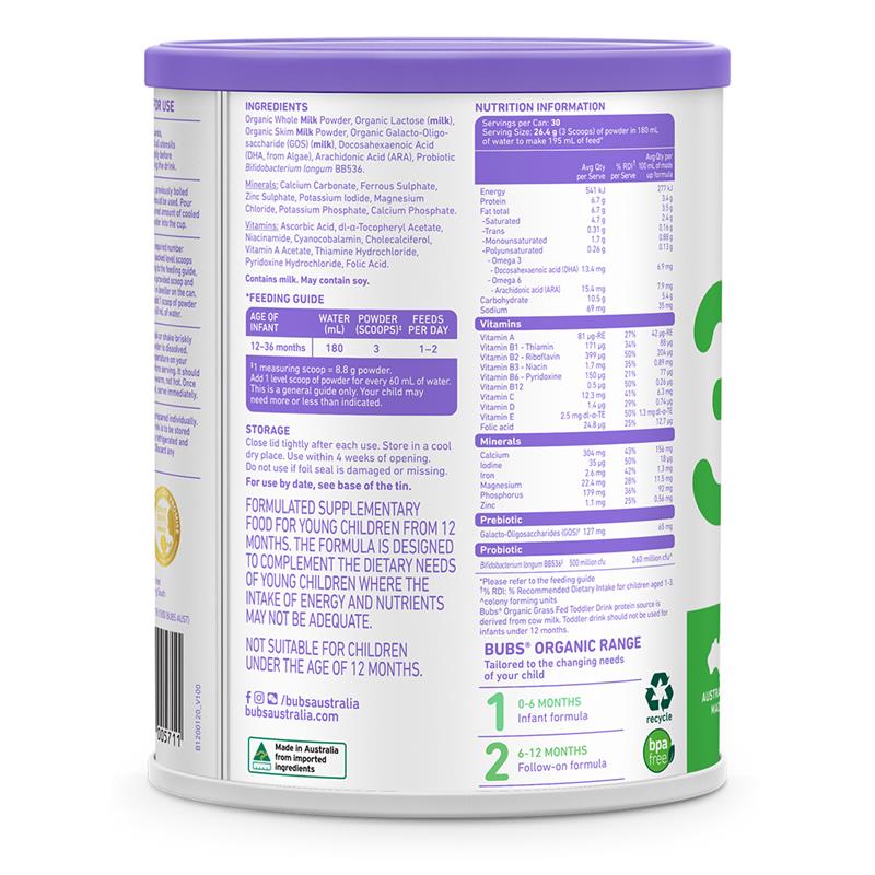 Load image into Gallery viewer, Bubs Organic Grass Fed Stage 3 Toddler Milk 800g
