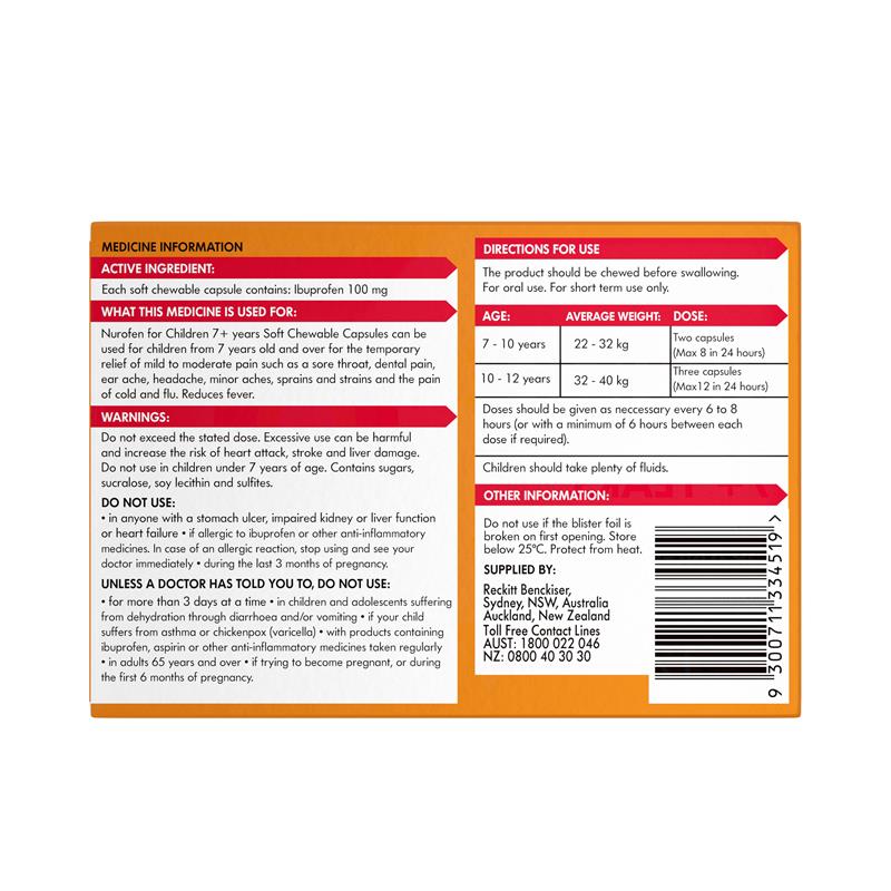 Load image into Gallery viewer, Nurofen For Children 7+ Pain and Fever Relief Chewable Capsules 100mg Ibuprofen Orange 12 pack
