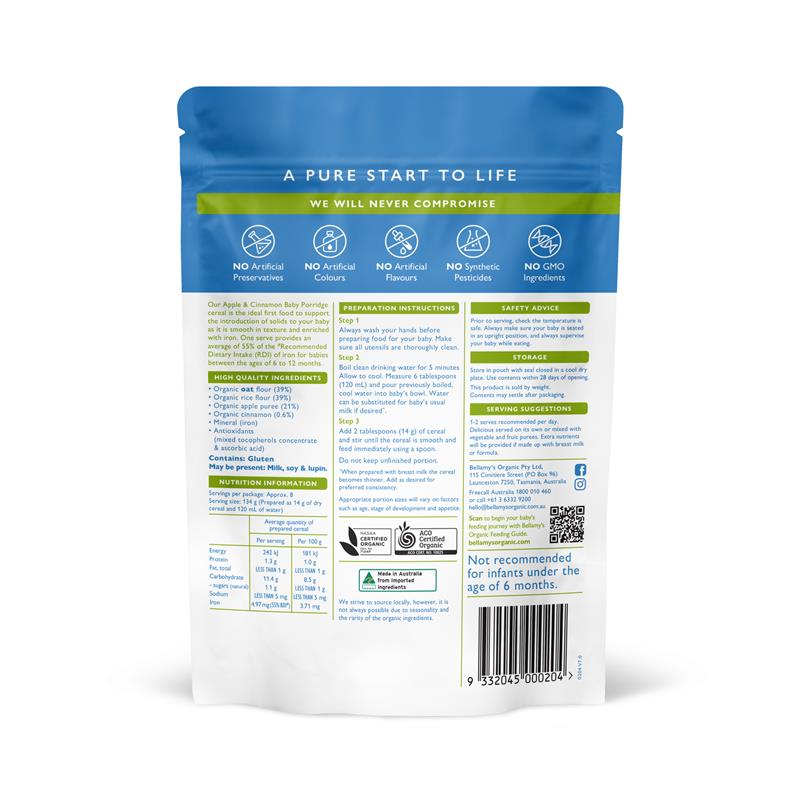 Load image into Gallery viewer, Bellamy's Organic Apple Cinnamon Baby Porridge 125g
