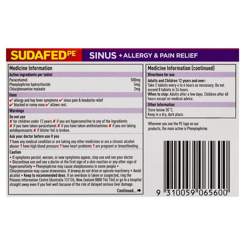 Load image into Gallery viewer, Sudafed PE Sinus + Allergy &amp; Pain Relief Tablets 24 Pack
