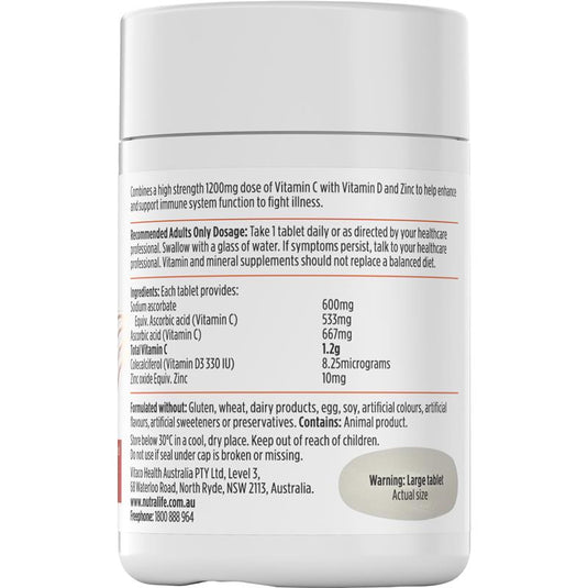Nutra-Life High Strength Vitamin C 1200 + D + Zinc 60 Tablets