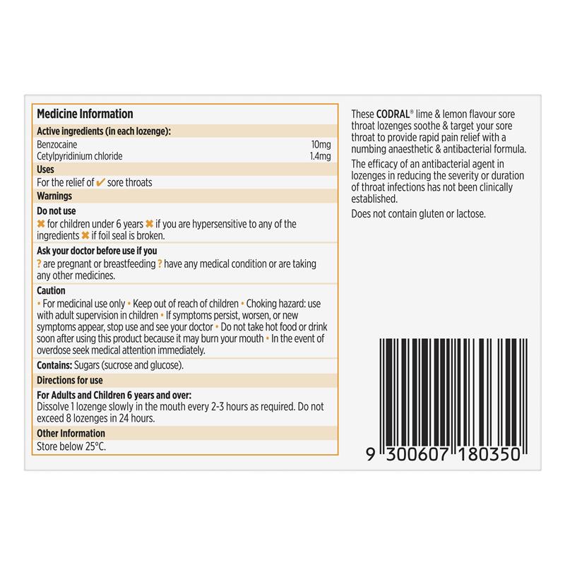 Load image into Gallery viewer, Codral Sore Throat Lozenges Antibacterial + Anaesthetic Lime &amp; Lemon 36 Pack
