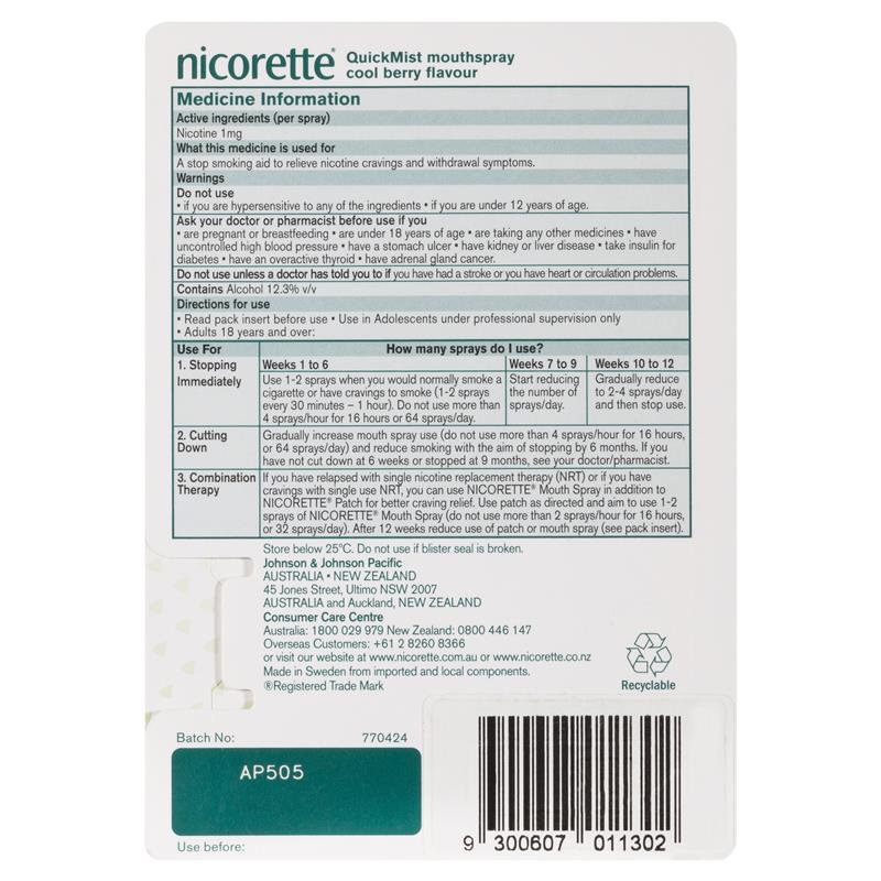 Load image into Gallery viewer, Nicorette Quit Smoking QuickMist Mouth Spray Cool Berry 150 Sprays (13.2mL x 1)

