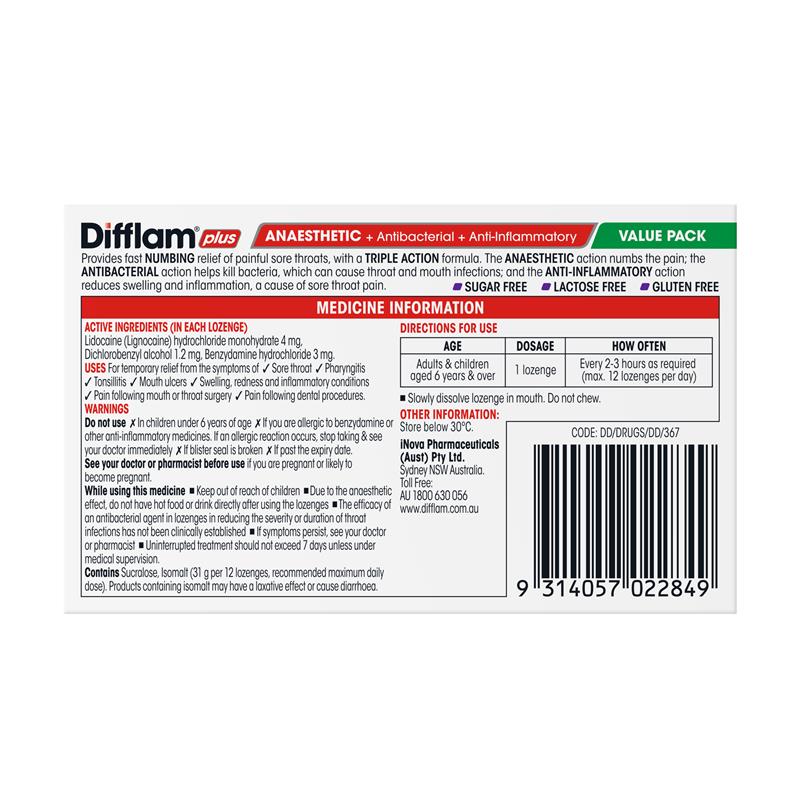 Load image into Gallery viewer, Difflam Plus Triple Action Blackcurrant 32 Lozenges
