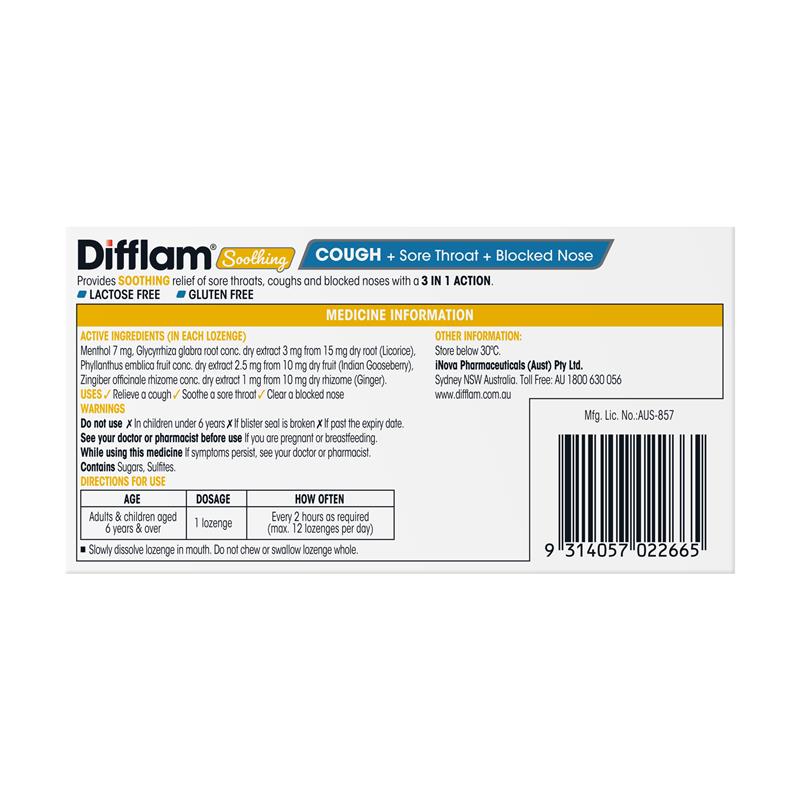 Load image into Gallery viewer, Difflam Soothing Cough + Sore Throat + Blocked Nose Honey Lemon 16 Lozenges
