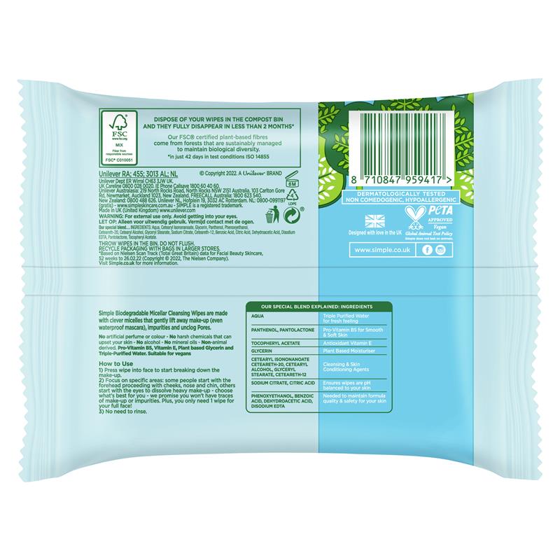 Load image into Gallery viewer, Simple Micellar Facial Wipes 20 Pack
