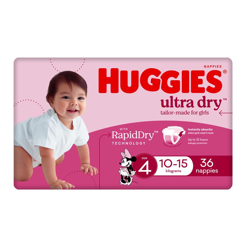 Load image into Gallery viewer, Huggies Ultra Dry Nappies Size 4 Girl 10-15kg Bulk 36 Pack
