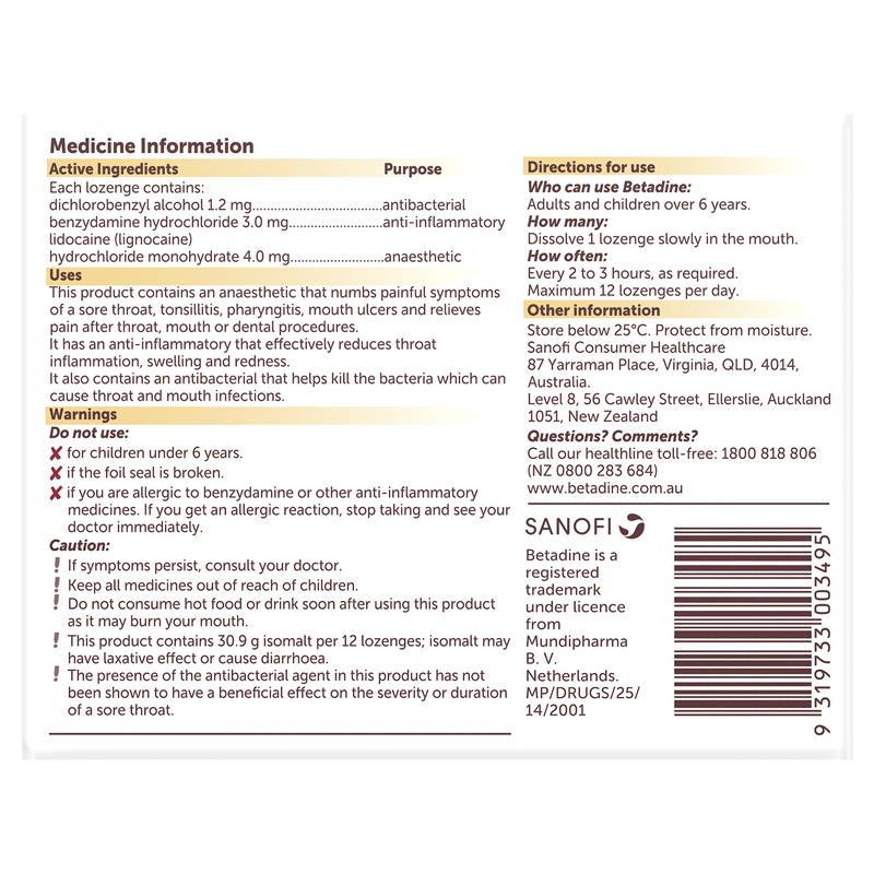 Load image into Gallery viewer, Betadine Sore Throat Lozenges Anaesthetic Honey &amp; Lemon Flavour 36 Pack
