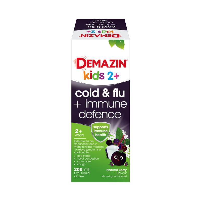Load image into Gallery viewer, Demazin Kids 2+ Cold &amp; Flu + Immune Defence Natural Berry Oral Liquid 200mL
