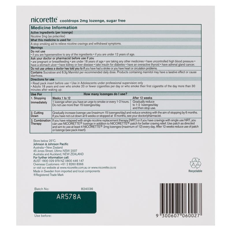 Load image into Gallery viewer, Nicorette Quit Smoking Regular Strength Cooldrops Nicotine Lozenge Icy Mint 8 x 20 Pack
